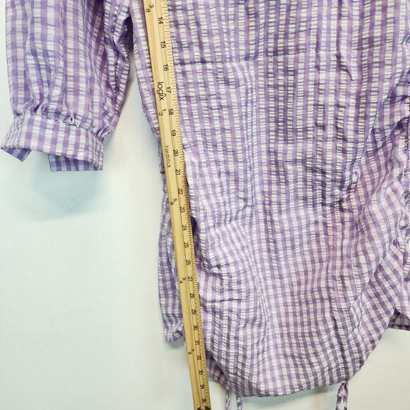Zara Farmers Daughter Mini Dress Size M Purple Ruched Front Gingham Puff Sleeve - Picture 16 of 16